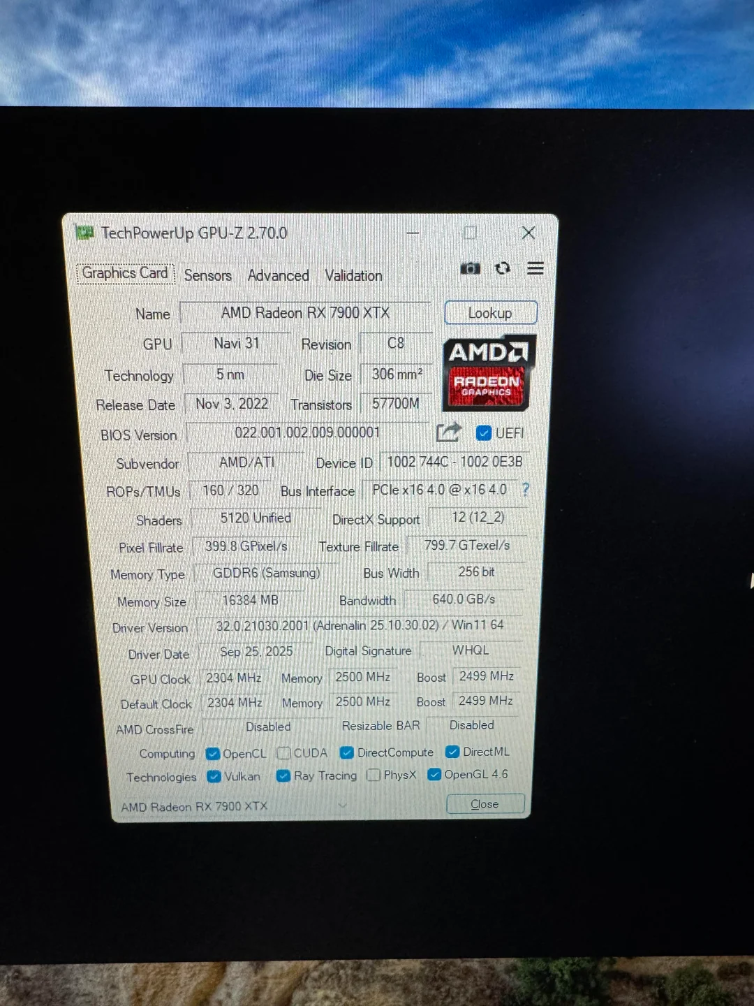 اسکرین شات نرم افزار GPU-Z برای کارت 7900 XTX