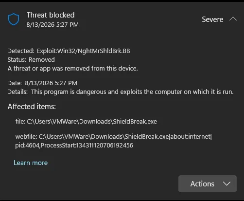 شناسایی بدافزار ShieldBreak توسط ویندوز دیفندر